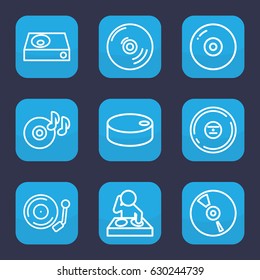 Disc icon. set of 9 outline disc icons such as dvd player, cd, gramophone, hockey puck