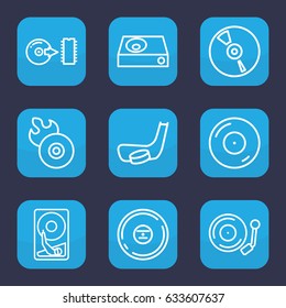 Disc icon. set of 9 outline disc icons such as dvd player, cd, gramophone