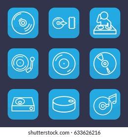 Disc icon. set of 9 outline disc icons such as dvd player, cd, gramophone, hockey puck