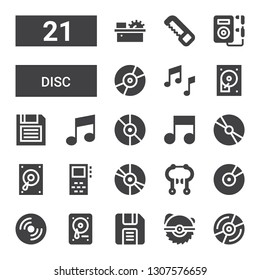 disc icon set. Collection of 21 filled disc icons included Vinyl, Saw, Diskette, Hard drive, Compact disc, Cd, Brake, Record, Record player, Music, Hard