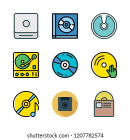disc icon set. vector set about compact disc, cd player, turntable and diskette icons set.