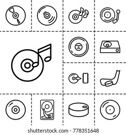 Disc icons. set of 13 editable outline disc icons such as dvd player, cd, gramophone, hockey puck