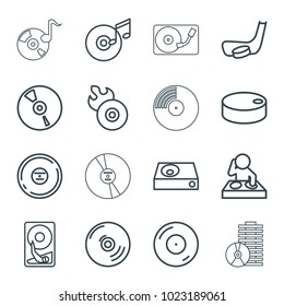 Disc icons. set of 16 editable outline disc icons such as dj, dvd player, cd, hockey puck