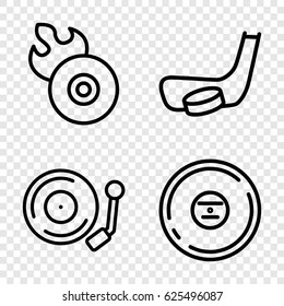 Disc icons set. set of 4 disc outline icons such as disc flame, CD, gramophone