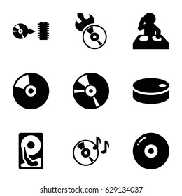 Disc icons set. set of 9 disc filled icons such as CD, hockey puck