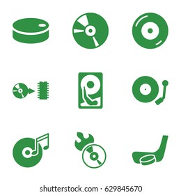 Disc icons set. set of 9 disc filled icons such as cd, gramophone, hockey puck
