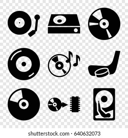 Disc icons set. set of 9 disc filled icons such as dvd player, cd, gramophone