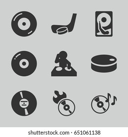 Disc icons set. set of 9 disc filled icons such as cd, hockey puck, hockey stick and puck