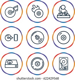 Disc icons set. set of 9 disc outline icons such as dvd player, CD