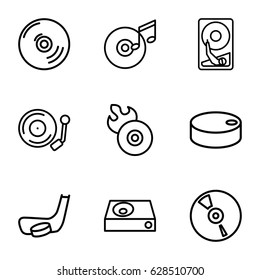 Disc icons set. set of 9 disc outline icons such as dvd player, CD, gramophone, hockey puck