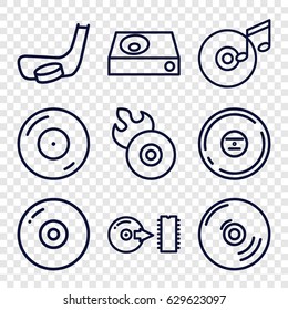 Disc icons set. set of 9 disc outline icons such as dvd player, cd