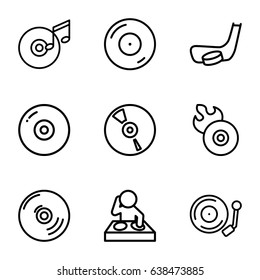 Disc icons set. set of 9 disc outline icons such as cd, gramophone, hockey stick and puck