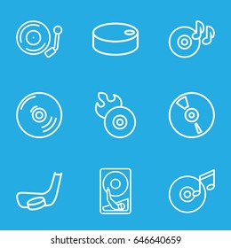 Disc icons set. set of 9 disc outline icons such as cd, gramophone, hockey puck