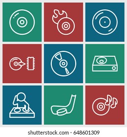 Disc icons set. set of 9 disc outline icons such as dvd player, cd, hockey stick and puck