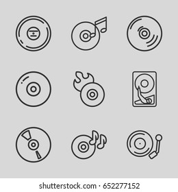 Disc icons set. set of 9 disc outline icons such as cd