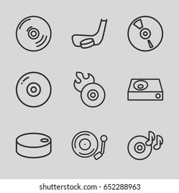Disc icons set. set of 9 disc outline icons such as dvd player, cd, gramophone, hockey puck