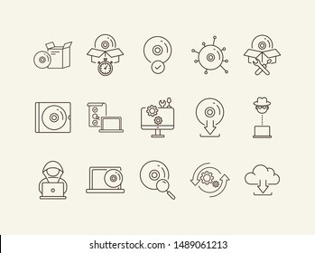 Disc icons. Set of line icons. CD scan, box for CD, setting CD. Software product concept. Vector illustration can be used for topics like application, technology, development