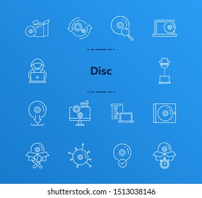 Disc icons. Set of line icons. CD scan, box for CD, setting CD. Software product concept. Vector illustration can be used for topics like application, technology, development