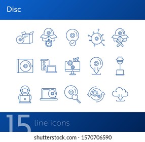 Disc icons. Set of line icons. CD scan, box for CD, setting CD. Software product concept. Vector illustration can be used for topics like application, technology, development