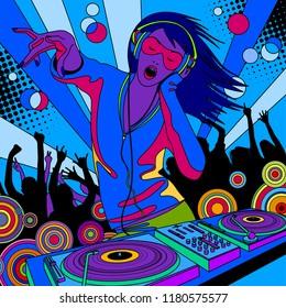 Disc jockey girl with a DJ mixer and people dancing at a party. Linear colorful drawing. Vector Illustration