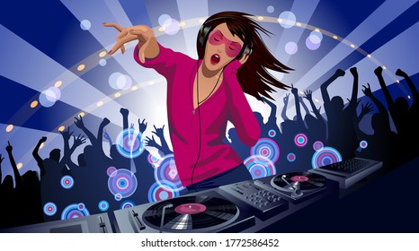 Disc jockey girl with a DJ mixer and people dancing at a night party. Vector Illustration 