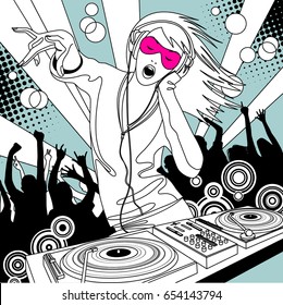 Chica de jockey con un mezclador de DJ y gente bailando en una fiesta. Dibujo lineal. Ilustración vectorial  