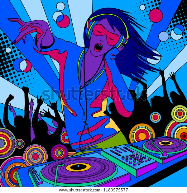 Djミキサーを持つディスクジョッキーガールと パーティーで踊る人々 線形のカラフルな描画 ベクターイラスト のベクター画像素材 ロイヤリティフリー