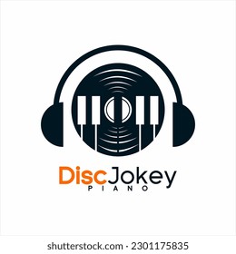 Disc Jockey logo design. Illustration of musical disc with piano and headset.