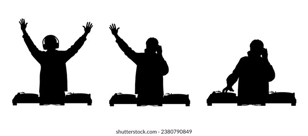 Disc jockey man silhouette, DJ and record decks vector isolated on white