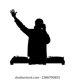 Disc jockey man silhouette, DJ and record decks vector isolated on white