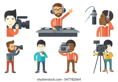 Disc jockey mixing music on turntable. Disc jockey in headphones playing music on turntable. Disc jockey standing at the turntable. Set of vector flat design illustrations isolated on white background