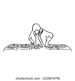 Disc jockey with the turntable dj plays scratching vinyl records and mix music tracks vector illustration sketch doodle hand drawn with black lines isolated on white background