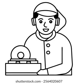 disc jockey vinyl player in sign line art icon vector silhouette illustration for photo overlays, t-shirt print, and flyer poster design