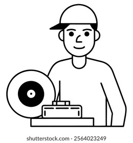 disc jockey vinyl player in sign line art icon vector silhouette illustration for photo overlays, t-shirt print, and flyer poster design