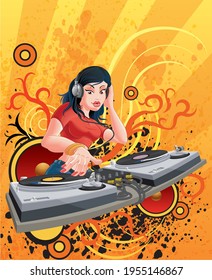 Disc Jockey Woman with Two Pick Up Plays Disc