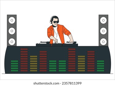 Disc Jokey, DJ Party. DJ. Junge Junge in dunkler Brille an der DJ-Konsole. Video-Art Einladungen für die Website über Musik, Partys, Discos. Vektorflache Illustration. Professioneller DJ-Musikmischer. 2431