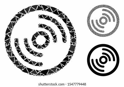 Disc mosaic of trembly items in various sizes and color tones, based on disc icon. Vector bumpy pieces are composed into collage. Disc icons collage with dotted pattern.