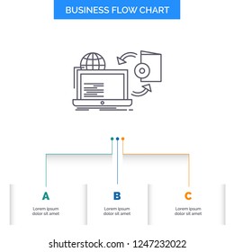 Disc, online, game, publish, publishing Business Flow Chart Design with 3 Steps. Line Icon For Presentation Background Template Place for text
