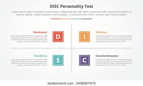 DISC personality test concept for slide presentation with square base and cross line center with 4 point list with flat style