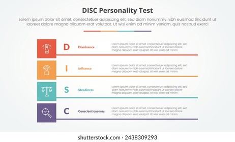 DISC personality test concept for slide presentation with boxed creative rectangle stack with 4 point list with flat style