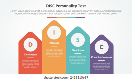 DISC personality test concept for slide presentation with arrow shape on rectangle with top direction with 4 point list with flat style