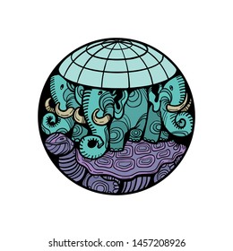 disc planet earth rests on an elephant, and a turtle. Comic cartoon pop art retro vector illustration hand drawing