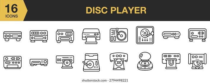 Disc Player icon set. Includes audio devices, music playback, entertainment equipment, and more. Outline icons vector collection.