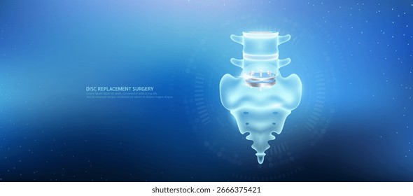 Substituição de disco. Implante prostético integrado ao osso espinhal. Tecnologia ortopédica cirurgia de articulação artificial em um anatômico transparente. Vetor de cuidados médicos.