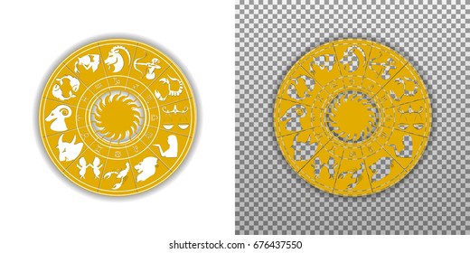 Disc signs of the zodiac with the sun in the middle. Isolated object with shadow.