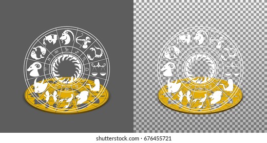 Disc signs of the zodiac with the sun in the middle. Isolated object with shadow.