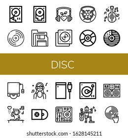disc simple icons set. Contains such icons as Hard disk, Vynil, Hard drive, Floppy disk, Music, Cd, Brake, Compact disc, DJ, Cds, Mixing table, can be used for web, mobile and logo