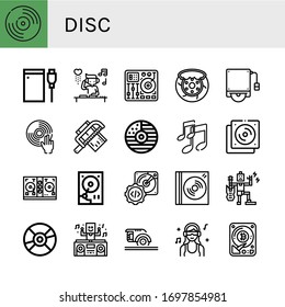 disc simple icons set. Contains such icons as Vinyl, Hard drive, DJ, Mixing table, Brake, Hard disk, Saw, Cd, Music, Disc jockey, Dvd, Compact disc, can be used for web, mobile and logo