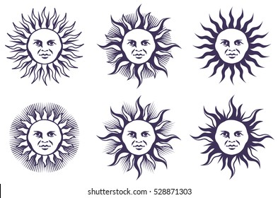 The disc of the sun with a face. The Roman god Invincible Sun.
Graphic illustration in vintage style, with different versions of sunlight.