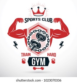 Disc weight dumbbell surrounded by steel chain and composed with muscular athletic biceps arms. Fitness workout and weightlifting gymnasium vector emblem